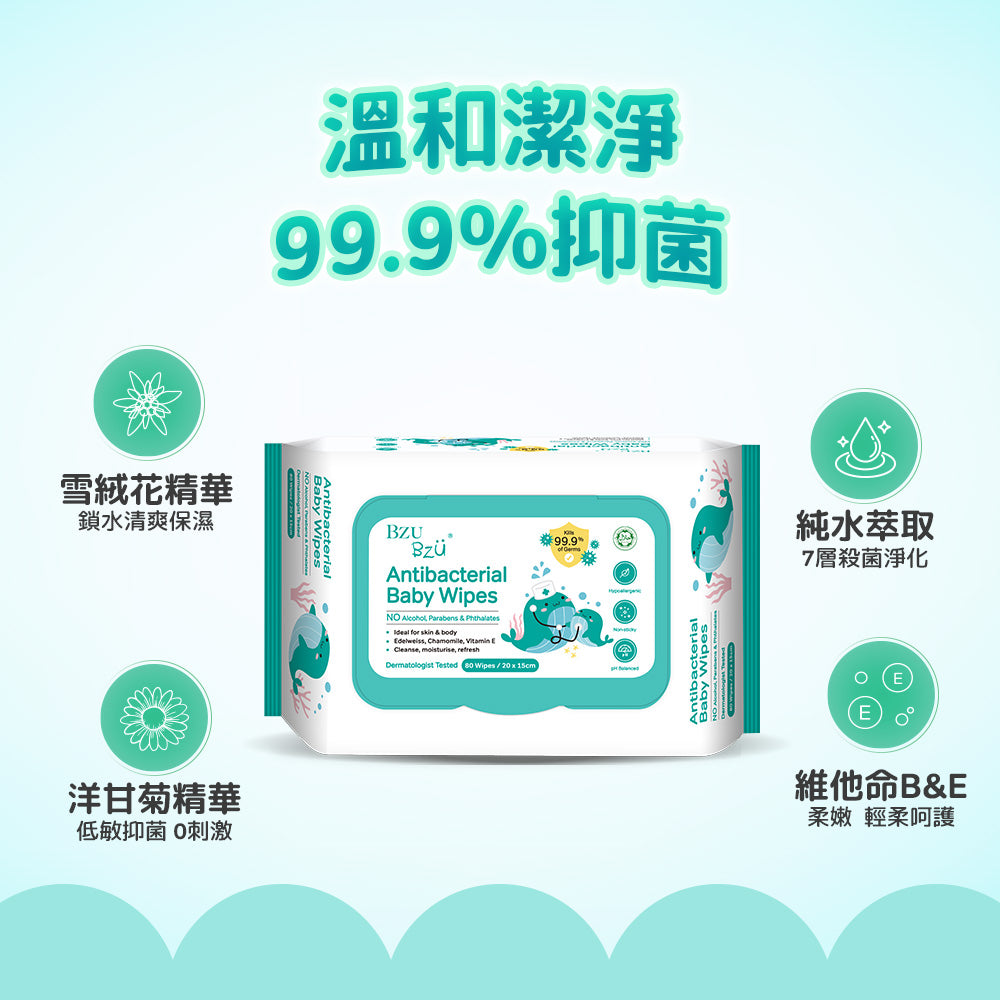 BZU BZU嬰兒抗菌濕巾優惠装80片*2包(有蓋)